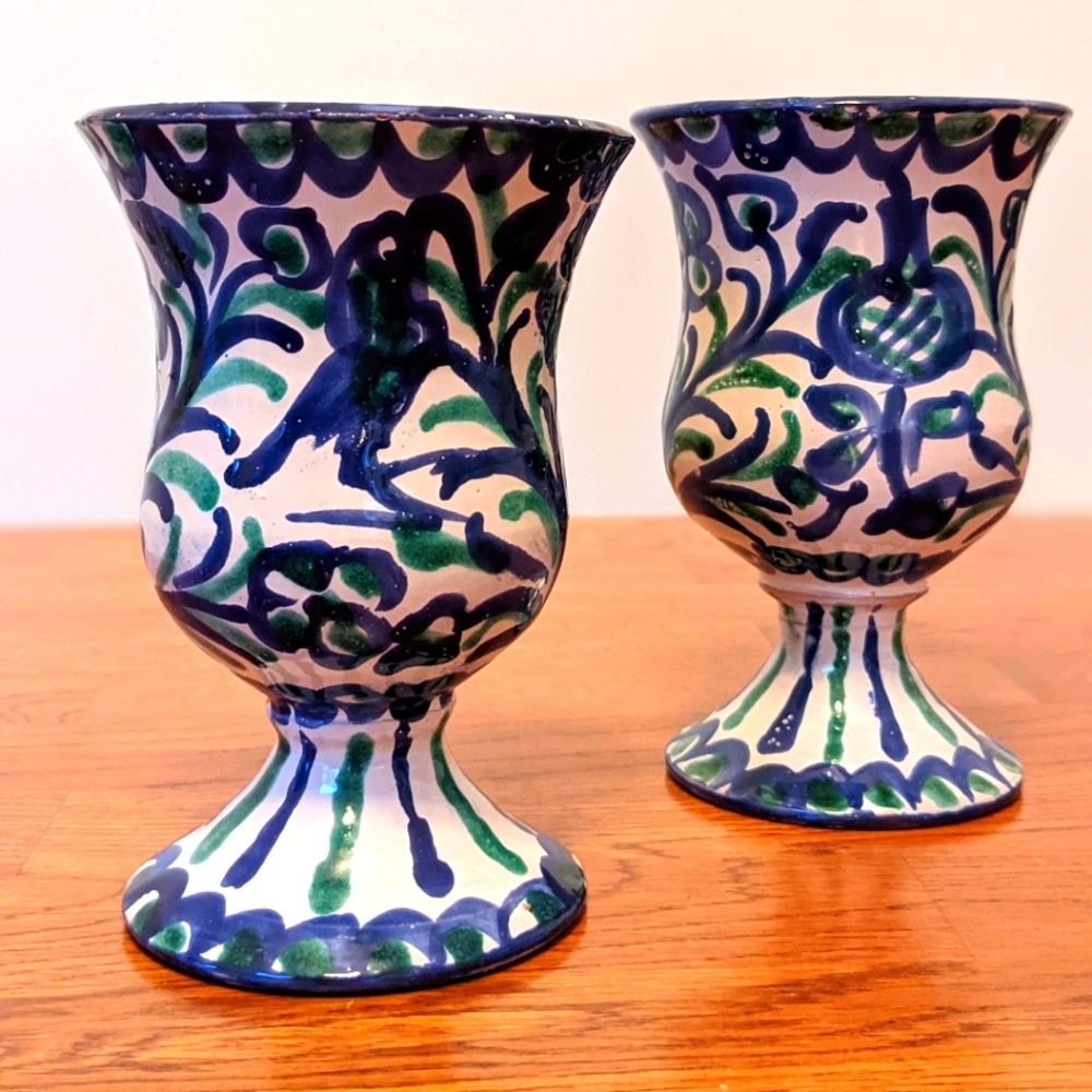 Set of two hand-painted Spanish pottery goblets